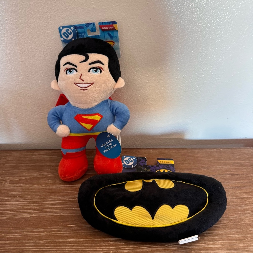 Batman Superman Plush Medium Large Dog Toy With Squeaker 10” Lot Of 2